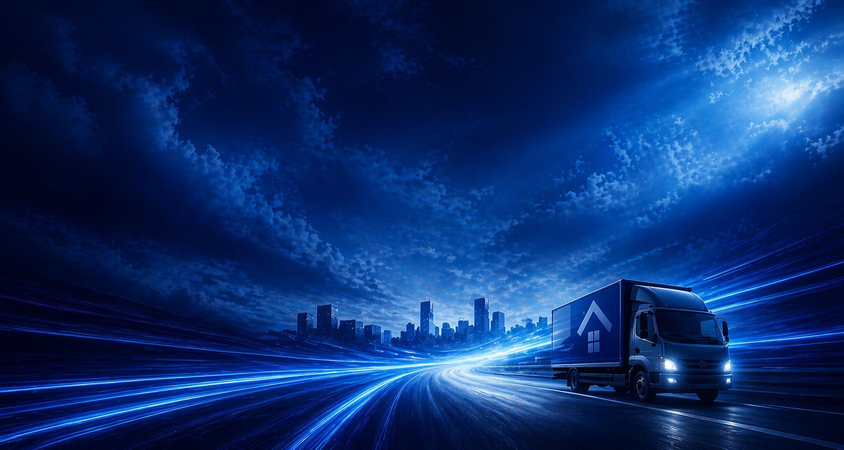 Truck driving on highway with blue neon lights and city skyline silhouette at night