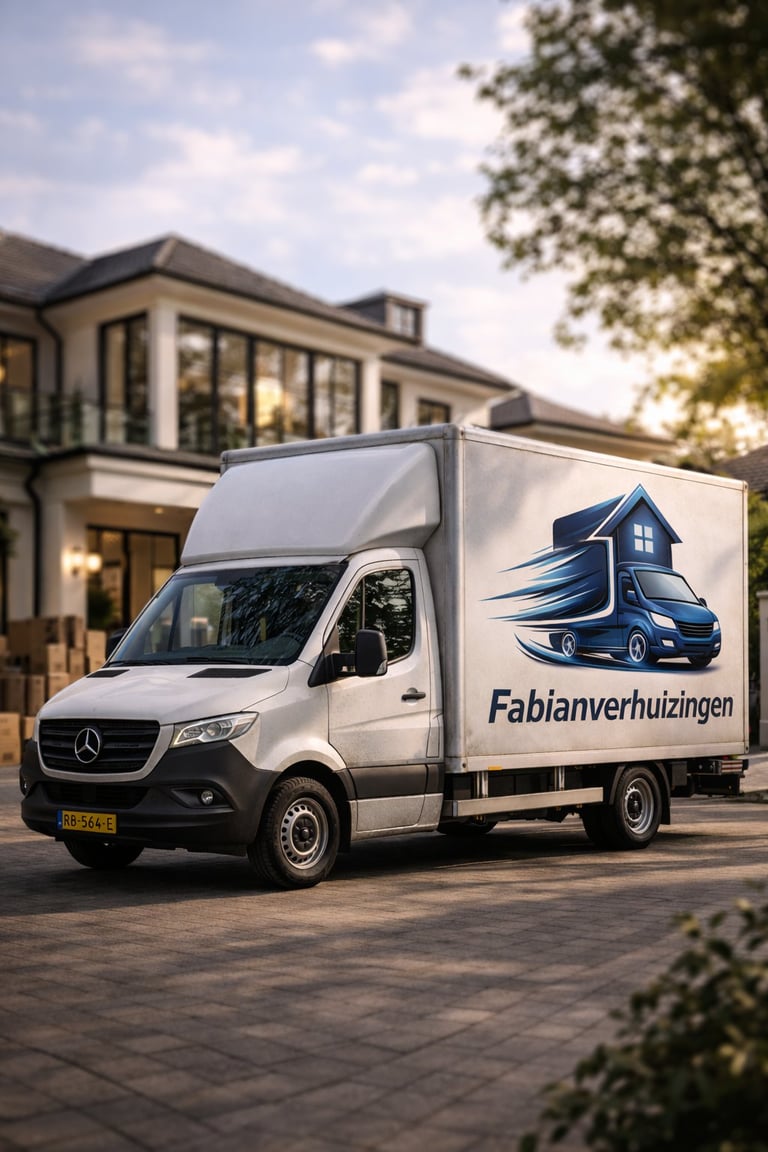 White Mercedes moving truck with Fabianverhuizingen logo parked in front of modern house at dusk